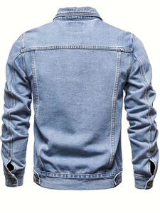 Veste en jean slim pour homme, col rabattu classique, décontractée, en coton bleu délavé, respirante, à bouton unique, style automne, coupe régulière - Product Image 6