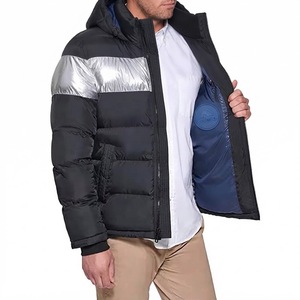 Relevo Men's Hooded <b>Puffer</b> <b>Jacket</b> Black <b>Silver</b> Color Blocking Zipper Closure Windproof Eco-Friendly Front Polyester Filling - Product Image 6