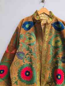 Golden Brown <b>Velvet</b> Suzani <b>Jacket</b> for <b>Women</b> Handmade Floral Vine Embroidery Boho Ethnic Designer Coat Wholesale - Product Image 4
