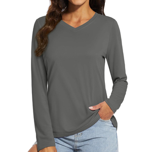 Camisetas de Manga Larga para Mujer, Cuello en V, Color Sólido, Corte Regular, Tejido Jersey de Secado Rápido, Ropa Casual para Todas las Temporadas - Product Image 1