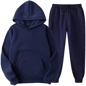 Jogging unisexe bleu marine 100 % coton écologique, décontracté, taille élastique, longueur intégrale, couleur unie, coupe ample, pour l'hiver, avec capuche - Product Image 3