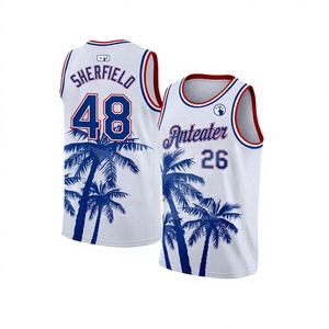 Maillot de basket-ball personnalisé pour hommes, blanc et bleu, imprimé palmier, sans manches, respirant, vêtements de sport pour équipe Anteater - Product Image 1
