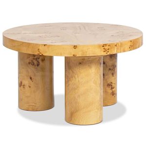 Nebula 28\" Round <b>Coffee</b> <b>Table</b> with Pillar <b>Legs</b> Warm Natural Brown Burl Wood Stylish Home Furniture - Product Image 3