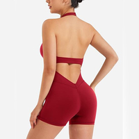 Combinaison moulante à col halter froncé pour femme, une pièce, col en V, avec soutien-gorge rembourré pour le fitness et la gym