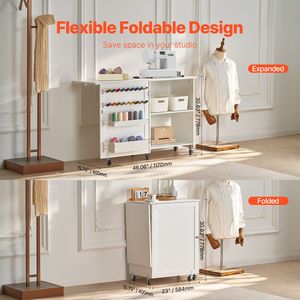 Tavolo Pieghevole Compatto Multifunzione per Macchina da Cucire con Ruote, Ripiani, Vassoi Portaoggetti e Pioli in Legno - Product Image 2