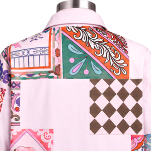 Veste de travail rose clair à motifs mosaïques, patchwork floral artistique, boutonnée sur le devant, style streetwear décontracté avec poches, design d'inspiration vintage - Product Image 4