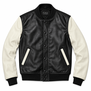 FURAT LEATHERS Blouson Moto Décontracté Homme en Cuir Noir Respirant Automne Col Montant Fermeture Éclair Manches à Rayures Blanches sur le Devant - Product Image 1