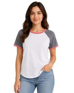 Camiseta raglán blanca, gris jaspeado y rosa para mujer, informal, con cuello redondo, manga corta, mezcla de algodón suave, para uso diario, moda de verano. - Product Image 1