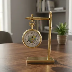 Horloge de bureau suspendue vintage en laiton avec cadran globe terrestre, horloge de table en métal antique, accessoire de bureau nautique décoratif de luxe - Product Image 3