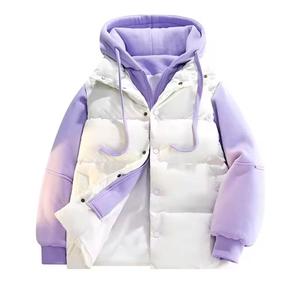 Hooded <b>Fleece</b> Puffer <b>Jacket</b> Unisex Winter Casual <b>Thick</b> Windproof Zipper Front Plaid Regular Length Loose Fit 220g 100% Polyester - Product Image 2