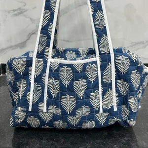 Vintage Cotton Quilted Duffle Bag Big Blue Floral Hand Block Printed High Quality Overnight for Women Best Gift for Special One - Product Image 3