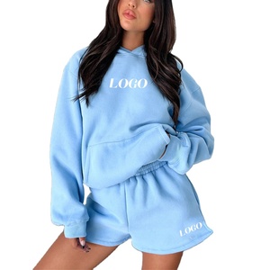 เสื้อผ้าผู้หญิง 2024 โลโก้ที่กําหนดเองชุดกีฬาชุดเหงื่อสั้นชุดผู้หญิงคุณภาพสูง 2 ชิ้นตัดเสื้อกันหนาวหมวกและกางเกงขาสั้นชุด - Product Image 1