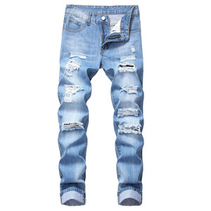 High-End Quality Straight Design Men's Distressed <b>Trouser</b> Washed Slim Fit Jeans <b>Light</b> Blue Distressed Men's Distressed <b>Trouser</b> - Product Image 1