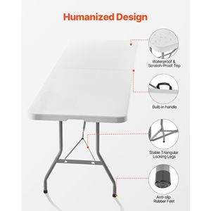 8 Ft Heavy-Duty Folding <b>Table</b> Portable Indoor Outdoor <b>Plastic</b> Rectangle <b>Table</b> with Built-in Handle Fold-in-Half Utility <b>Table</b> - Product Image 6