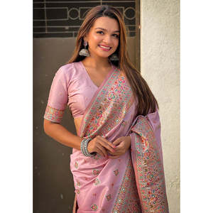 Sari en soie cachemire pashmina lavande tissé avec des fils zari, vêtements indiens et pakistanais, tissages d'élite, 700g - Product Image 2