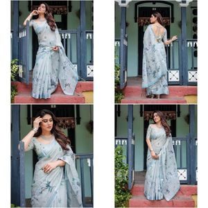Sari Indio Premium Exclusivo de Lino y Algodón con Estampado Digital, Sari de Diseño Estilo Bollywood, Elegante Prenda Nupcial para Bodas - Product Image 5