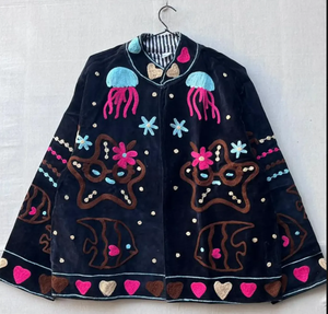 Sujani Bomber Leather <b>Jacket</b> Reversible Floral Design Autumn Stand Collar - Product Image 1