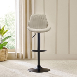 Tabouret de bar pivotant réglable beige avec siège en cuir PU à motif losanges, base en métal noir, design moderne et contemporain - Product Image 2