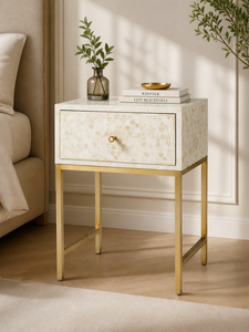 White Bone Inlay Nightstand Gold Metal Legs Accent <b>Side</b> Table Antique <b>Drawer</b> Bedside Cabinet for Bedroom Hotel - Product Image 2