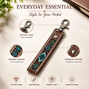 Porte-clés artisanal en cuir marron de qualité supérieure avec perles, motif géométrique turquoise gravé, fermoir pivotant durable - Product Image 5