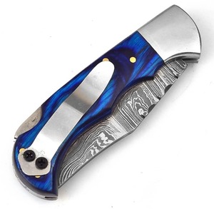 Cuchillo de bolsillo de acero de Damasco hecho a mano con mango de madera y funda de cuero fino, cuchillo de camping, cuchillo plegable - Product Image 5