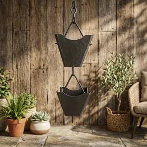 Black Hanging Rain Chain Water Catcher with Flower Shape Design for <b>Garden</b> Outdoor Decoration - Product Image 1