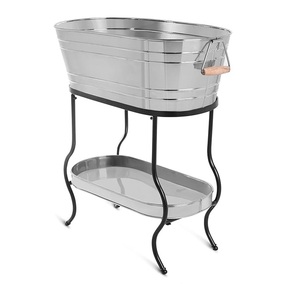 Luxury Oval Stainless Steel <b>Drink</b> Tub with <b>Stand</b> & Bottom Storage Tray OEM Durable Ice Cooler with Wooden Handles for Wholesale - Product Image 2