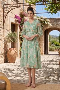 Robe midi florale pour femme, élégante, décontractée, à manches bouffantes, fluide, pour les vacances, les fêtes, robe tendance pour femme - Product Image 3