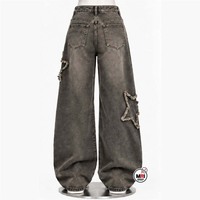 Celana Denim Pria Berkualitas Tinggi Model Mid Wide Leg Ripped Star Distressed Kancing Depan Gaya Outdoor Trendy Street Style Katun Kasual Musim Gugur