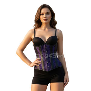 Corsé de cintura de brocado morado con varillas de acero de alta resistencia, ribete de cuero negro y varillaje. - Product Image 3