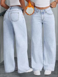 Jean décontracté taille mi-haute à jambe large en denim délavé écologique bleu clair uni en coton pleine longueur pour femme style streetwear - Product Image 2