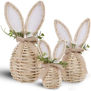 Set di 3 Decorazioni Pasquali Neutre per Centrotavola, Coniglietto in Rattan con Fiori, Decorazioni per Pasqua - Product Image 1