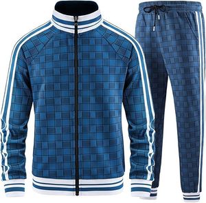 Men Plaid Tracksuit Full Length Zipper Fly Casual Autumn Polyester Cotton <b>Pants</b> Set With Side Pockets - Product Image 4