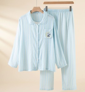 Pijamas de Algodón a Rayas para Mujer, Manga Larga, Bordadas, Ropa de Dormir Informal, Cuello Camisero, Cierre de Botones - Product Image 3