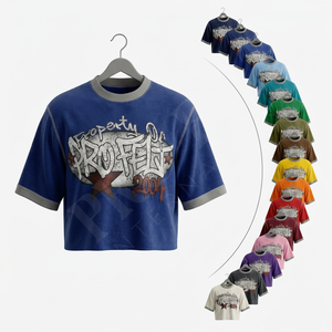 Camiseta para hombre 100% algodón, estilo urbano, con diseño de logotipo personalizado, corte holgado, hombros caídos, estampado con efecto abullonado y cuello con remaches, venta al por mayor - Product Image 1