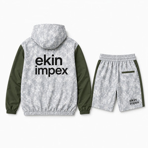Ekin Impex Men's Hooded <b>Zip</b>-<b>Up</b> <b>Jacket</b> and Shorts Set Grey Camo Print Regular Fit Breathable Casual DTF Print Summer Wear - Product Image 2