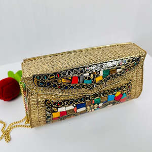 Modern Luxury Antique-Style Ladies Evening <b>Clutch</b> <b>Bag</b> Handmade Mother Pearl Metal Mosaic <b>Gold</b>-Plated Sculpture Multicolor Indian - Product Image 3