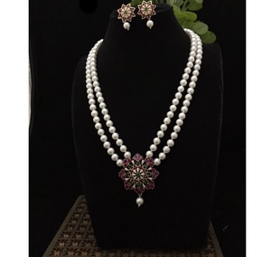Premium Quality Natural White Round <b>Pearls</b> AA Grade <b>Set</b> with CZ Stones Look Necklace & Earrings <b>Set</b> for Women Girls Wedding - Product Image 1