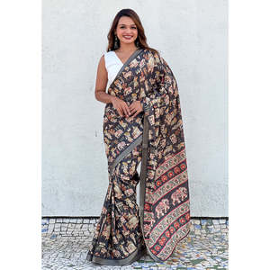 Robes de soirée Elite Weaves en soie Tussar noire avec bordure tissée Zari et motif imprimé - Product Image 2