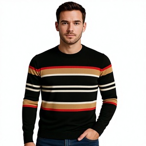 เสื้อสเวตเตอร์ถักลายทางสำหรับผู้ชาย คอกลม ทรงเข้ารูป สีดำ แดง น้ำตาล ลายทางแนวนอน เสื้อกันหนาวอุ่นๆ สำหรับฤดูหนาว เสื้อถักสำหรับผู้ชาย - Product Image 1