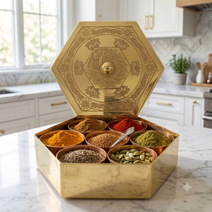 Caja de Masala de Latón Hecha a Mano con 7 Recipientes para Especias, Organizador de Especias Indio Grabado, Masala Dabba para Cocina, Venta al Por Mayor OEM - Product Image 4