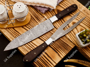Ensemble de couteaux de chef en acier damas forgé à la main de qualité supérieure, 2 pièces, motif unique avec manche en bois, fourchette à viande, outils de cuisine et de barbecue - Product Image 5