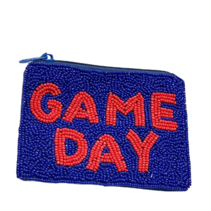 Porte-monnaie bleu perlé avec motif 'Game Day' en perles de verre, pochette zippée, portefeuille pour femmes, petit porte-cartes, sacs de rangement pour fans de sport pour filles - Product Image 1