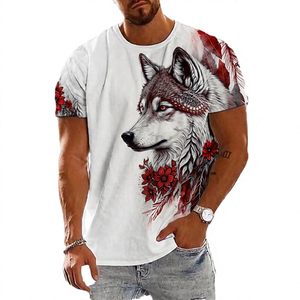 T-shirt à manches courtes pour homme en coton imprimé loup, col rond, coupe classique, motif animal, tissu jersey respirant - Product Image 6