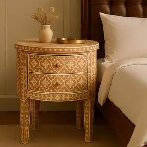 Elegant <b>Storage</b> Bone Inlay Bedside Table Handcrafted Wooden Cabinet For Stylish Bedroom Arrangement - Product Image 1