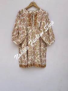 Nouveauté Robe longue en coton imprimé de fleurs dorées et rouges pour femmes, manches 3/4 avec cravates en coton, mini robe d'été pour femmes - Product Image 2