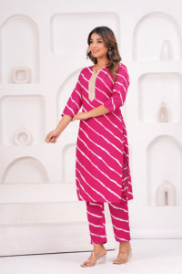 <b>Women</b> Pink Striped <b>Kurta</b> Set with Pants | Cotton Printed Kurti Pant Set | Casual & Festive Wear Ethnic Outfit for Ladies - Product Image 3