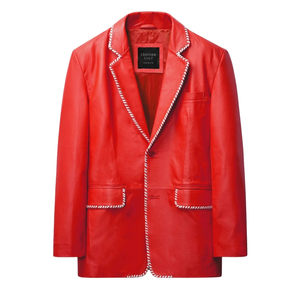 Blazer en cuir véritable rouge pour homme, veste décontractée à un bouton avec bordure blanche - Product Image 1