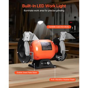 Smerigliatrice da banco monovelocità ad alta velocità da 6 pollici, 3450 RPM, 250W, 2.1A, con motore a induzione, grana 36/60, per una molatura efficiente - Product Image 6