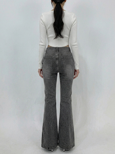 Jean en denim taille haute à jambe large, écologique, déchiré, noir uni, en coton tissé, poids moyen, délavé, style décontracté automne - Product Image 2